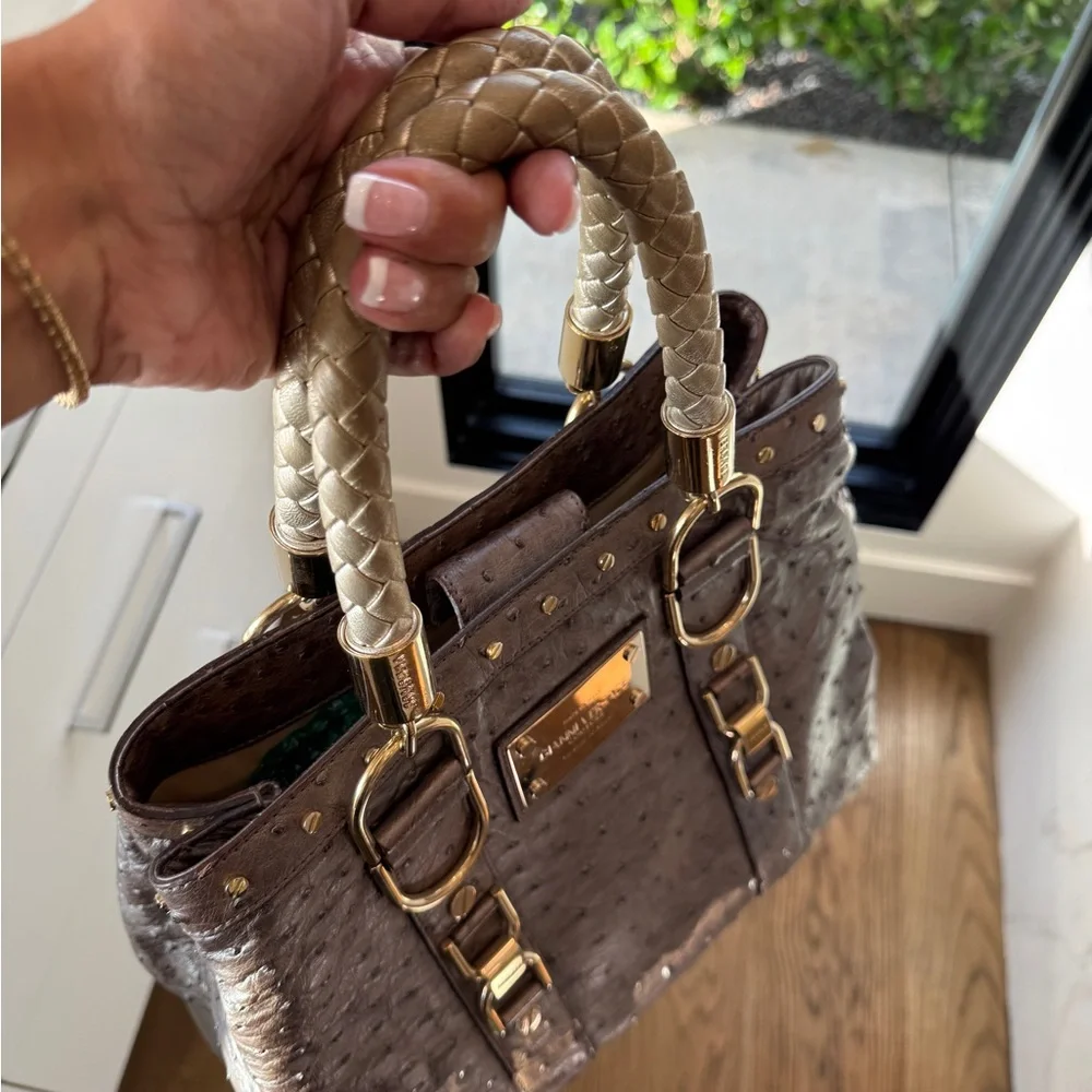 Versace Ostrich Handbag - Silver Grey with Champagne Hardware - Picture 10 of 17